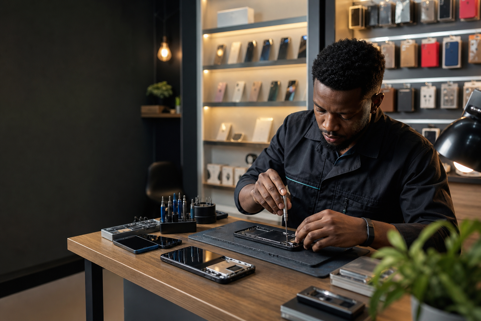 A technician repairing a smartphone inside the shop